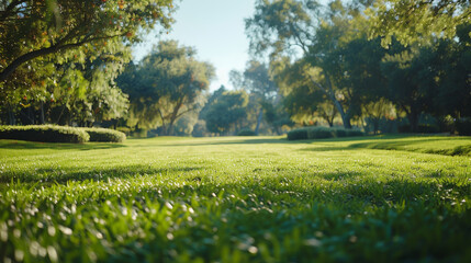 Lush green park landscape with manicured lawns and trees in sunlight.