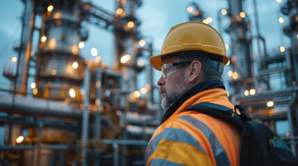 Engineer in safety gear inspects a petrochemical plant at dusk.