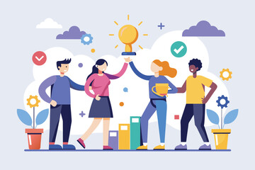 Group of People Holding Up a Light Bulb, Teamwork ideas of partnership and departmental cooperation, Simple and minimalist flat Vector Illustration - obrazy, fototapety, plakaty