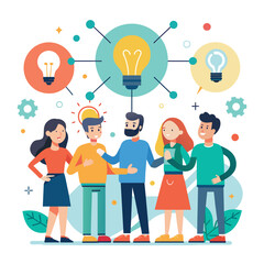 Group of People Standing Around a Light Bulb, Teamwork ideas of partnership and departmental cooperation, Simple and minimalist flat Vector Illustration - obrazy, fototapety, plakaty
