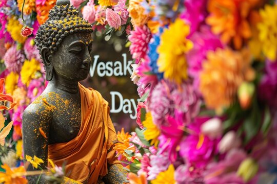 Vesak Day, Buddha statue decorated with many different flowers
