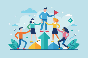 A group of people standing proudly on the peak of a pyramid, demonstrating teamwork and achievement, teamwork, Simple and minimalist flat Vector Illustration