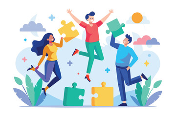 Group Holding Up Connected Puzzle Pieces, Team work successfully connect puzzle elements, jump happily, Simple and minimalist flat Vector Illustration - obrazy, fototapety, plakaty