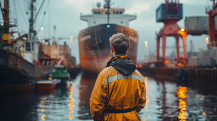 Engineer in yellow jacket observing a shipyard at dusk with cargo ships and cranes.