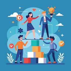 Team of individuals standing together on a stack of cardboard boxes, Teamwork with partners for career goals concept, Simple and minimalist flat Vector Illustration