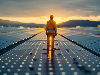 Engineer inspects solar panels at dusk, with safety gear and reflective vest.