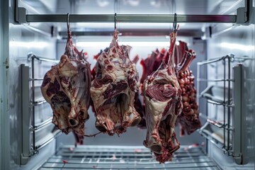 Animal product used as ingredient in cuisine, meat hanging in refrigerator