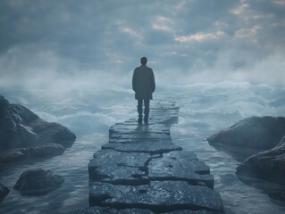 A man is walking on a bridge over a body of water. The sky is cloudy and the water is choppy. The man is alone and is looking ahead, possibly contemplating his next steps