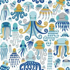 Seamless vector pattern with cute sea creatures, jellyfish, squid and octopus. Hand drawn vector  illustration. Perfect for textile, wallpaper or nursery print design.