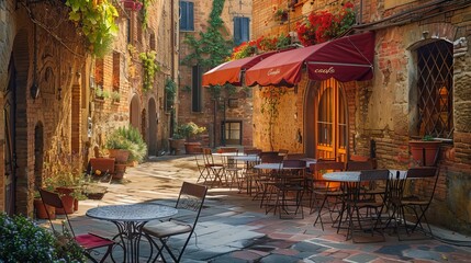 
Visualize a picturesque scene in a quaint corner of Tuscany, Italy, where charming cafe tables and chairs are arranged outside. 