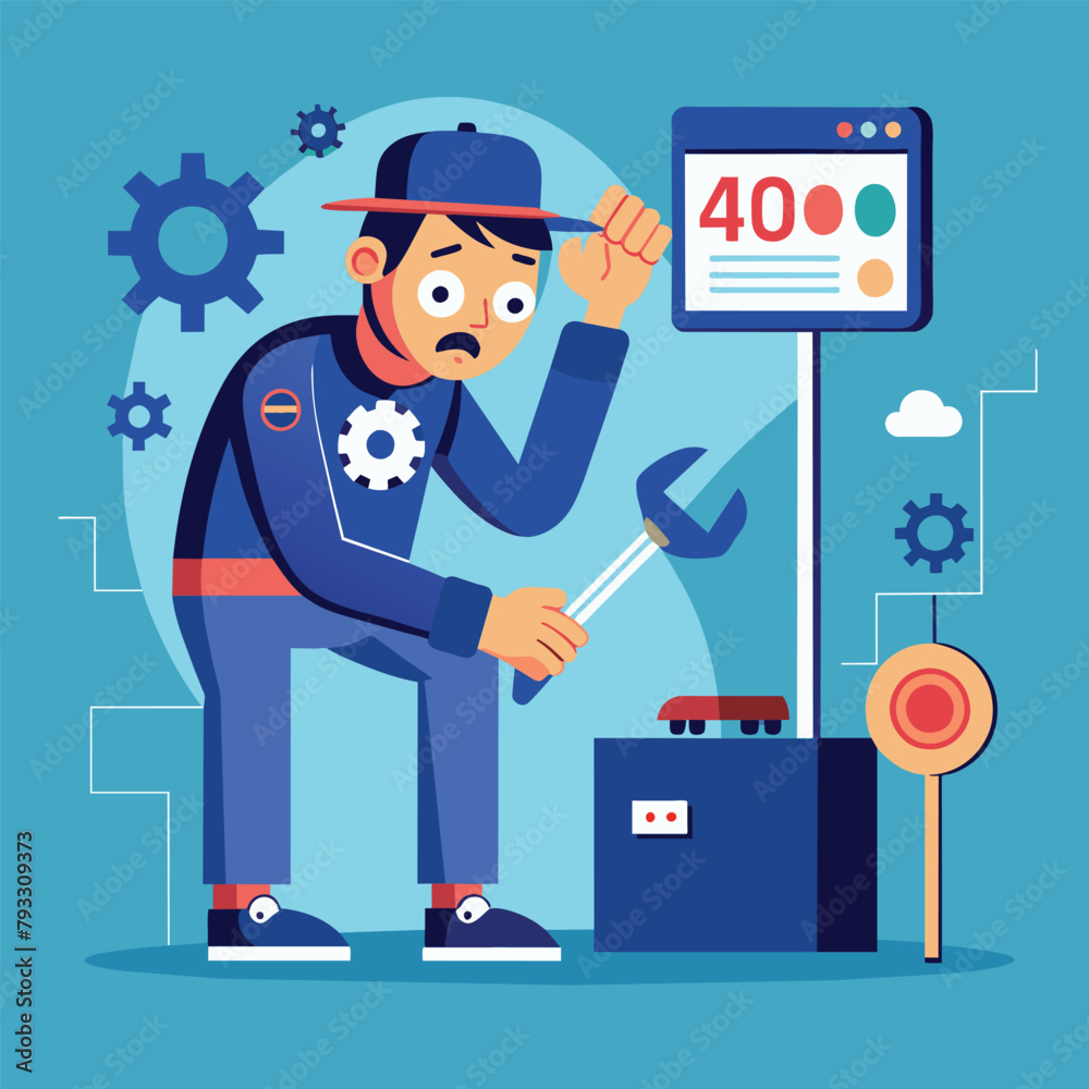 Poster a man in work attire using a wrench to fix a machine in a workshop, technician fixing error 404, no 