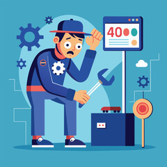 A man in work attire using a wrench to fix a machine in a workshop, Technician fixing error 404, no connection, Simple and minimalist flat Vector Illustration