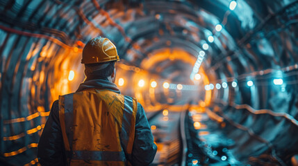 Engineer in safety gear inspecting a subway tunnel during construction works with illuminated bokeh lights.