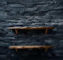 Shelves on black stone wall