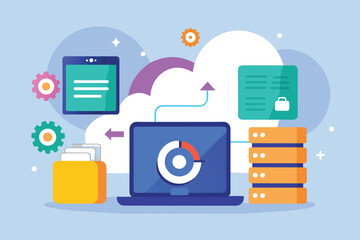 A computer and folders placed on top of a cloud, representing cloud computing and data storage, The concept is backing up the data, Simple and minimalist flat Vector Illustration