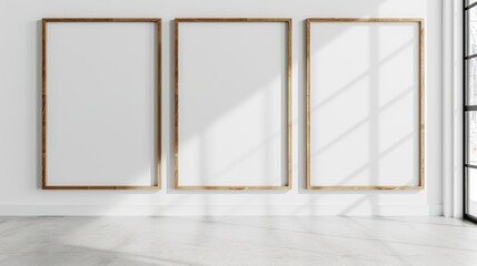 Three blank frame mockups on white wall in the room AI generated