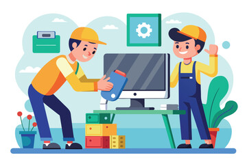 Two men are focused on repairing a computer screen in a workplace setting, The customer repairs the computer screen to a repairman, Simple and minimalist flat Vector Illustration