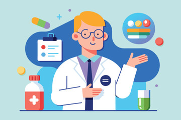 A male scientist wearing a white lab coat and glasses, The doctor advises on the use of medication, Simple and minimalist flat Vector Illustration