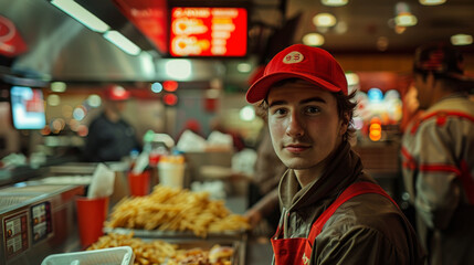 Employee in fast food restaurant posing for camera with fries in background.