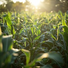 Leaves of corn in sun Ripening of the corn field Green leaves of plants in field - obrazy, fototapety, plakaty