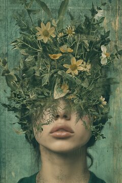 Metamorphoses. Poster of a woman with plants on her head
