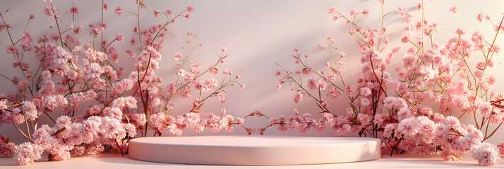 A beauty podium backdrop with pastel background and spring sakura flowers, suitable for beauty pageants, fashion events, or springtime celebrations. - obrazy, fototapety, plakaty