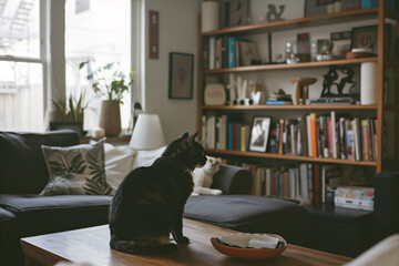 Domestic cat at cozy contemporary apartment living room interior vintage style.