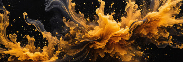 Golden sparkling abstract background, luxury yellow smoke on dark abyss background, wallpaper with...