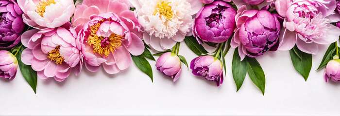 Summer flowers layout. Flat-lay of pink and purple peony flowers arrangement over plain white background, top view, copy space. Florist shop website banner or wallpaper