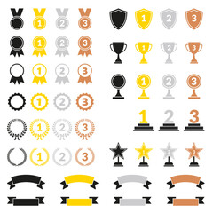 Set of winning vector icons, flat award silhouettes on transparent background, trophy in gold, silver, bronze