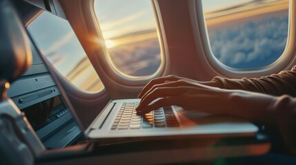 Fototapeta premium business traveler working on a laptop during a flight, maximizing productivity while en route to their destination.