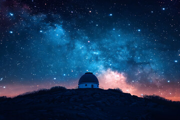Silhouette of Observatory on Hill on Starry Night,
Observatory on Hill Under Starry Night Sky
 - obrazy, fototapety, plakaty
