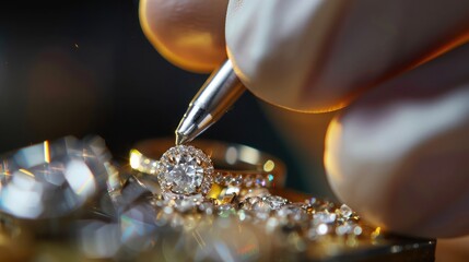 close-up of a jeweler carefully inspecting a sparkling diamond ring set in gleaming gold, highlighting the exquisite detail and craftsmanship of fine jewelry. - obrazy, fototapety, plakaty