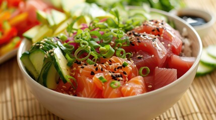 colorful poke bowl filled with fresh tuna sashimi, creamy avocado, and crunchy vegetables, drizzled with savory soy sauce and sesame seeds, a Hawaiian culinary delight.