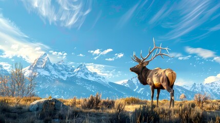 Majestic Elk Standing in Mountain Landscape, Serene Nature Scene, Perfect for Wall Art and Background Use. Stock Image. AI