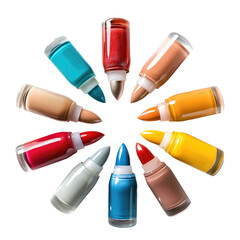Enhancing nails with a variety of colorful nail polishes displayed on transparent background