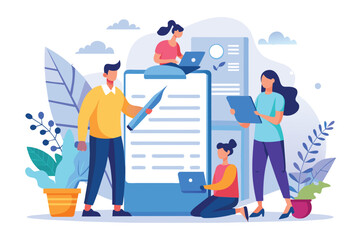 A diverse group of individuals gathered around a clipboard, reviewing and discussing contracts, the people are working on contracts, Simple and minimalist flat Vector Illustration
