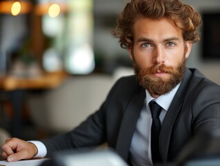 A man with a beard and a suit is sitting at a table with a laptop. He looks focused and serious