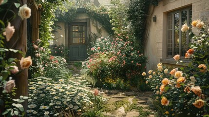 Fototapeta na wymiar quaint English country garden brimming with heritage roses and fragrant herbs, exuding the timeless charm and romance of the countryside.