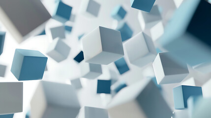 The centerpiece is a large, white 3D cube that commands attention. Surrounding this central cube are smaller cubes, both white and blue, creating an explosive and dynamic effect