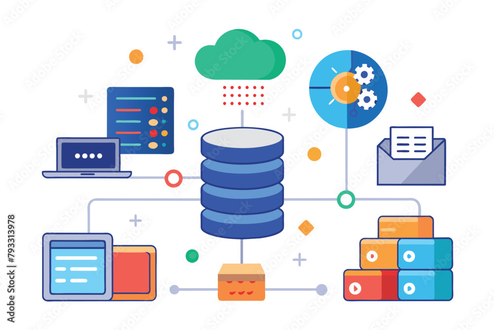 Poster a stack of data with a cloud hovering above it, the process of storing data, simple and minimalist f