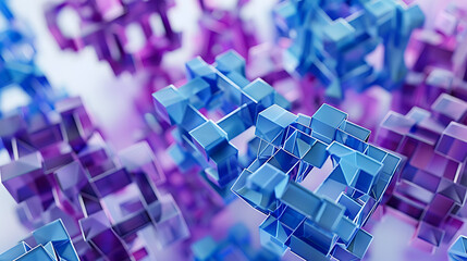 a 3D structure made of interconnected blue and purple cubes. The cubes form an intricate, maze-like pattern against a white background