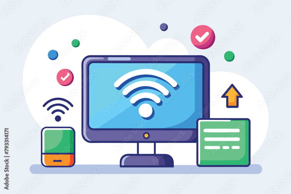 Poster computer screen showing a prominent wifi symbol indicating connectivity to a wireless network, the p