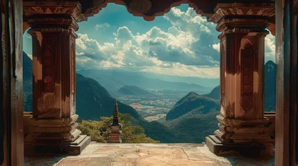 Papier Peint photo Himalaya The shadow of a temple gate framing a stunning view of distant mountains, inviting contemplation and reflection on the beauty of nature.