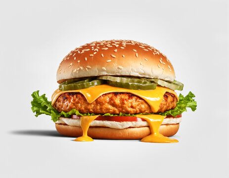 A gourmet chicken patty burger with melted cheese, crispy lettuce and ripe cucumbers on a toasted bun on a white background. Generative AI