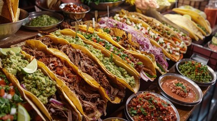 Fototapeta premium vibrant assortment of Mexican tacos, piled high with tender carnitas, tangy salsa, and zesty guacamole, capturing the bold flavors of Mexican street cuisine.