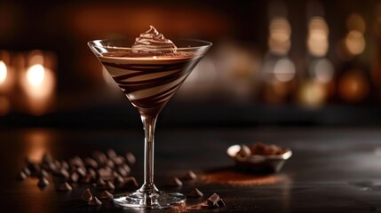 Decadent Chocolate Mousse Martini. An elegant martini glass filled with silky chocolate mousse, swirled with a rich chocolate design, poised to indulge the most refined dessert cravings