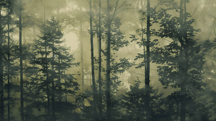 Serene Forest Scene in Misty Monochrome Tones