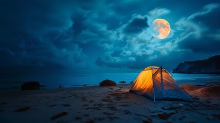 
Visualize a camp tent pitched on the sandy shores of a beach, silhouetted against the backdrop of a dark night sky. 