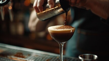 Fototapeta na wymiar Barista Crafted Espresso Martini. A skilled barista pours a stream of espresso into a martini glass, the perfect blend of coffee and spirits, against the backdrop of a bustling bar's ambient glow